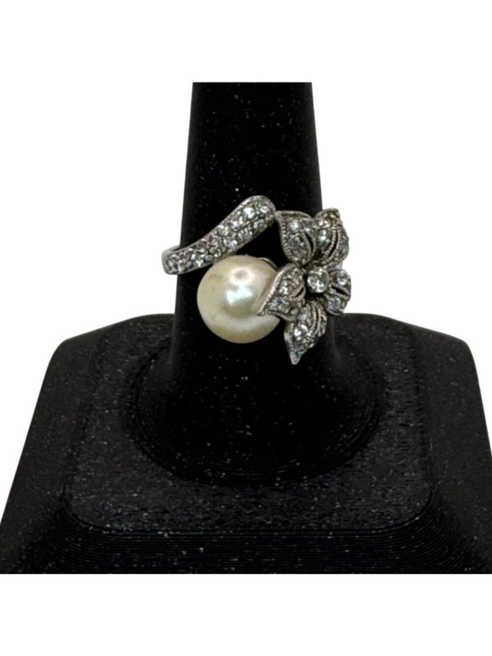 Vintage South Seas Floral Pearl & Rhinestone Silver-Tone Ring Size 8 Elegant